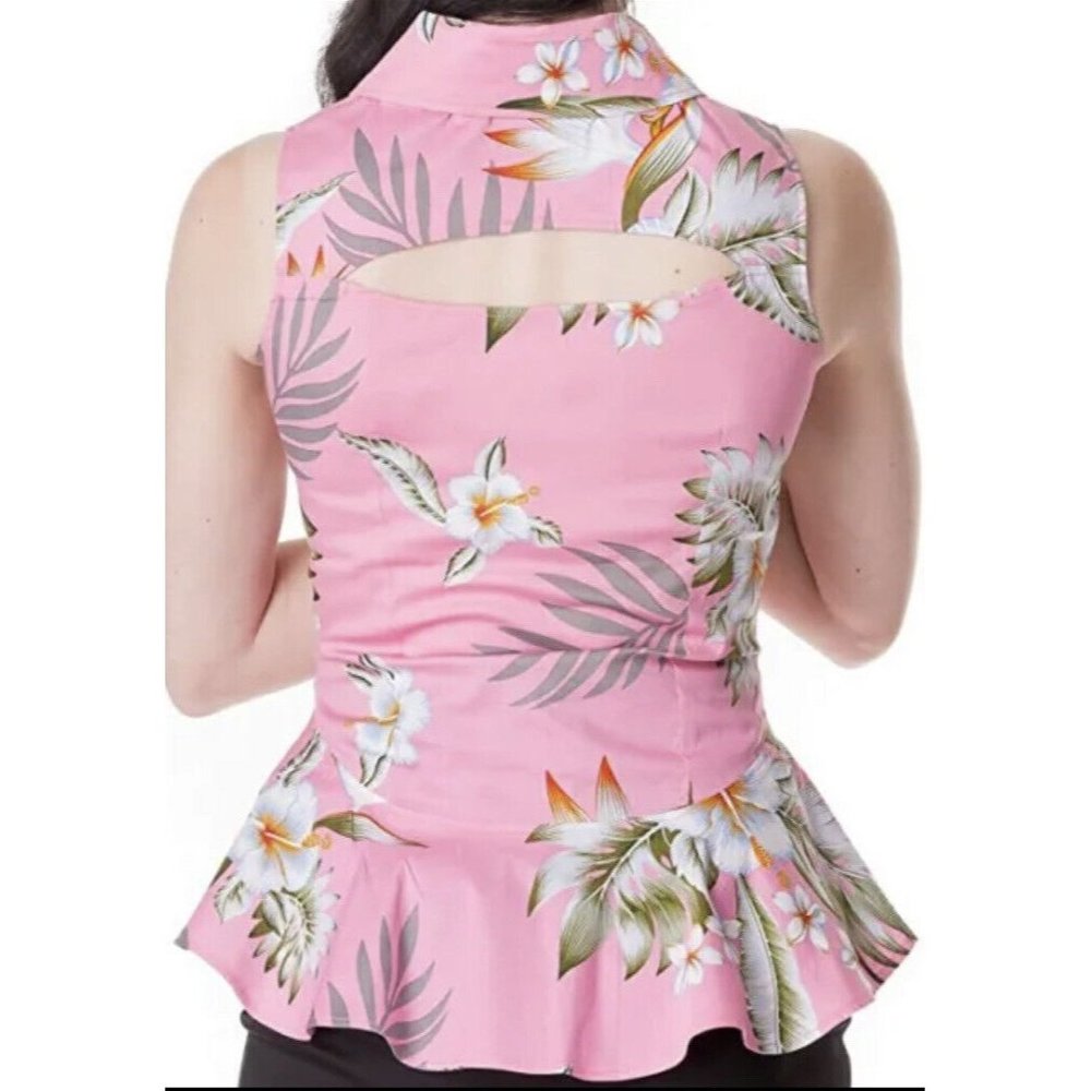 Hell Bunny Vixen Size Small Hawaiian Print Pink Pin Up Peplum Top Blouse New - Picture 2 of 13